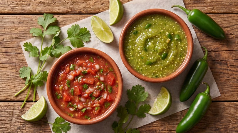 Two bowls of salsa, red and green, with limes, cilantro, and jalapeños on a wooden table.