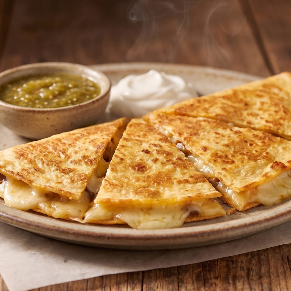 Steaming hot quesadillas with melted cheese, served with green salsa and sour cream on a wooden table.