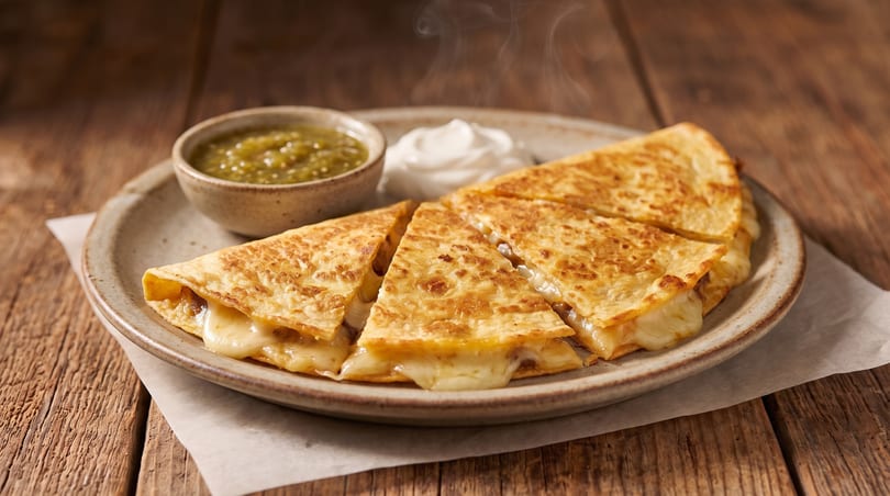 Steaming hot quesadillas with melted cheese, served with green salsa and sour cream on a wooden table.