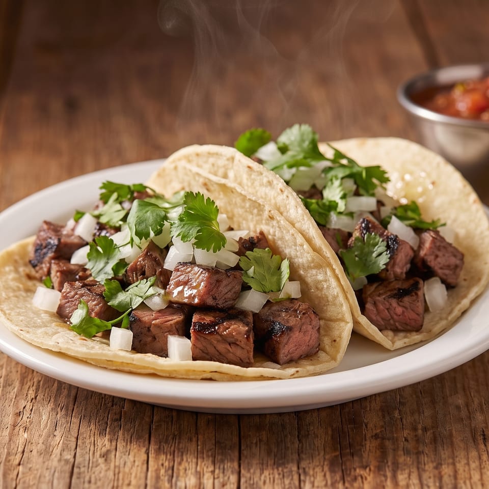 Two steaming steak tacos with onions and cilantro, with salsa and lime on a wooden table.
