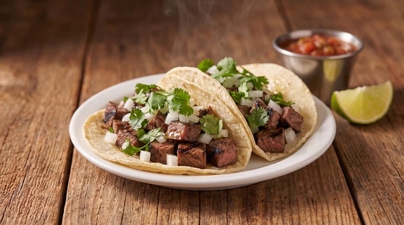 Two steaming steak tacos with onions and cilantro, with salsa and lime on a wooden table.