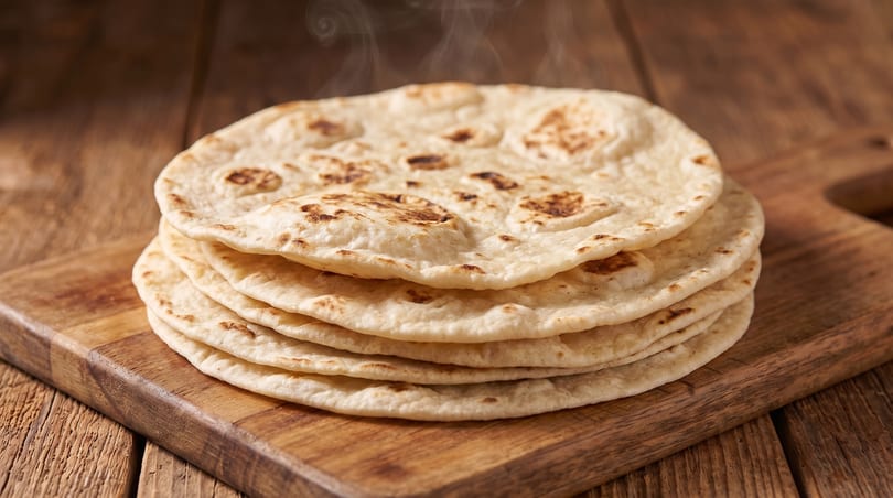 Stack of warm, steaming flatbreads with browned spots on a rustic wooden cutting board.