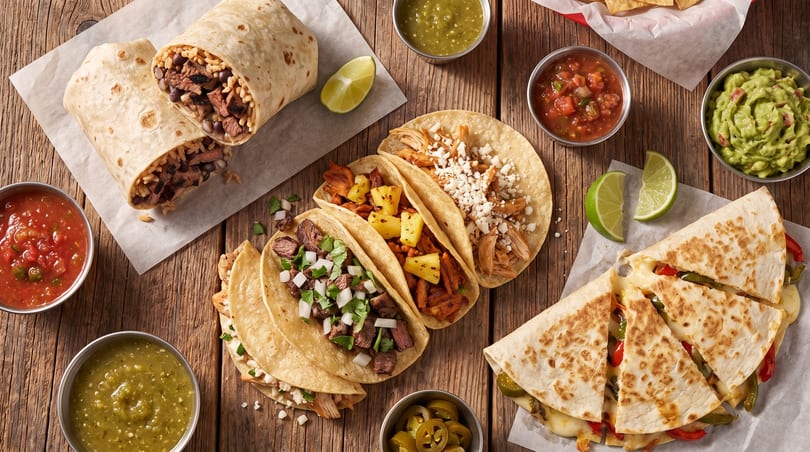 Burrito, tacos, quesadilla, and various dips like salsa and guacamole on a wooden table.